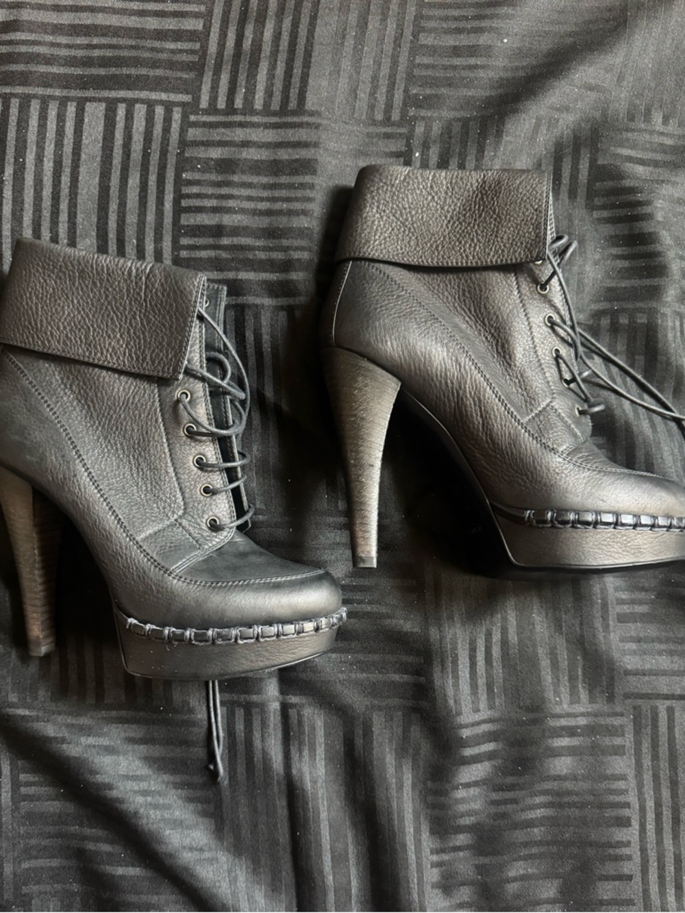 Yves Saint Laurent Black Lace-Up Folded Cuff Platform Heeled Ankle Boots
